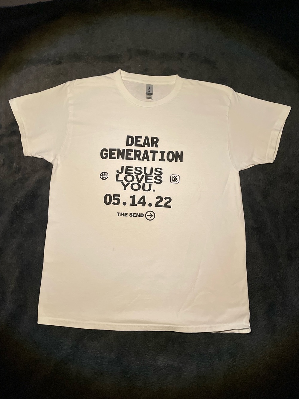 Gildan White Tee with Black "Dear Generation" Jesus Loves You Print